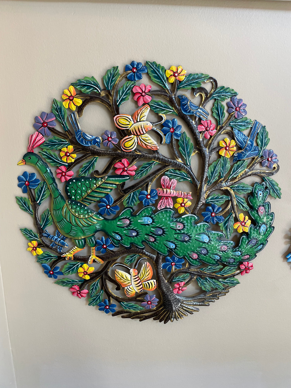 Peacock in Tree Painted Haitian Metal Drum Wall Art, 24"