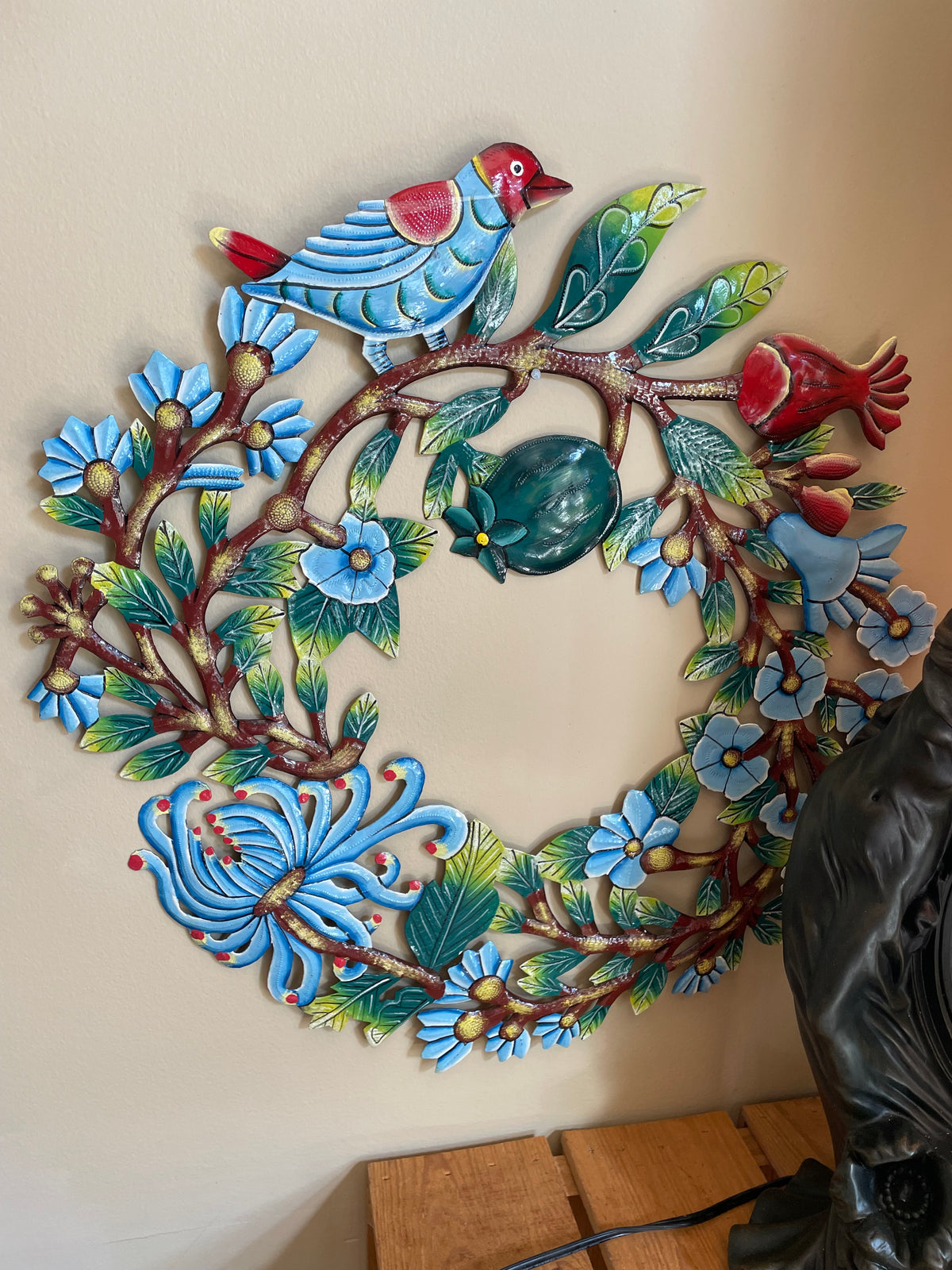 Wreath with Bird Painted Haitian Metal Drum Art