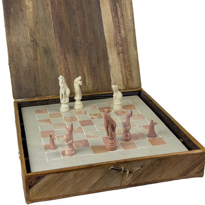 Soapstone Hand-Carved Chess Set in Box - Safari Animal Pieces